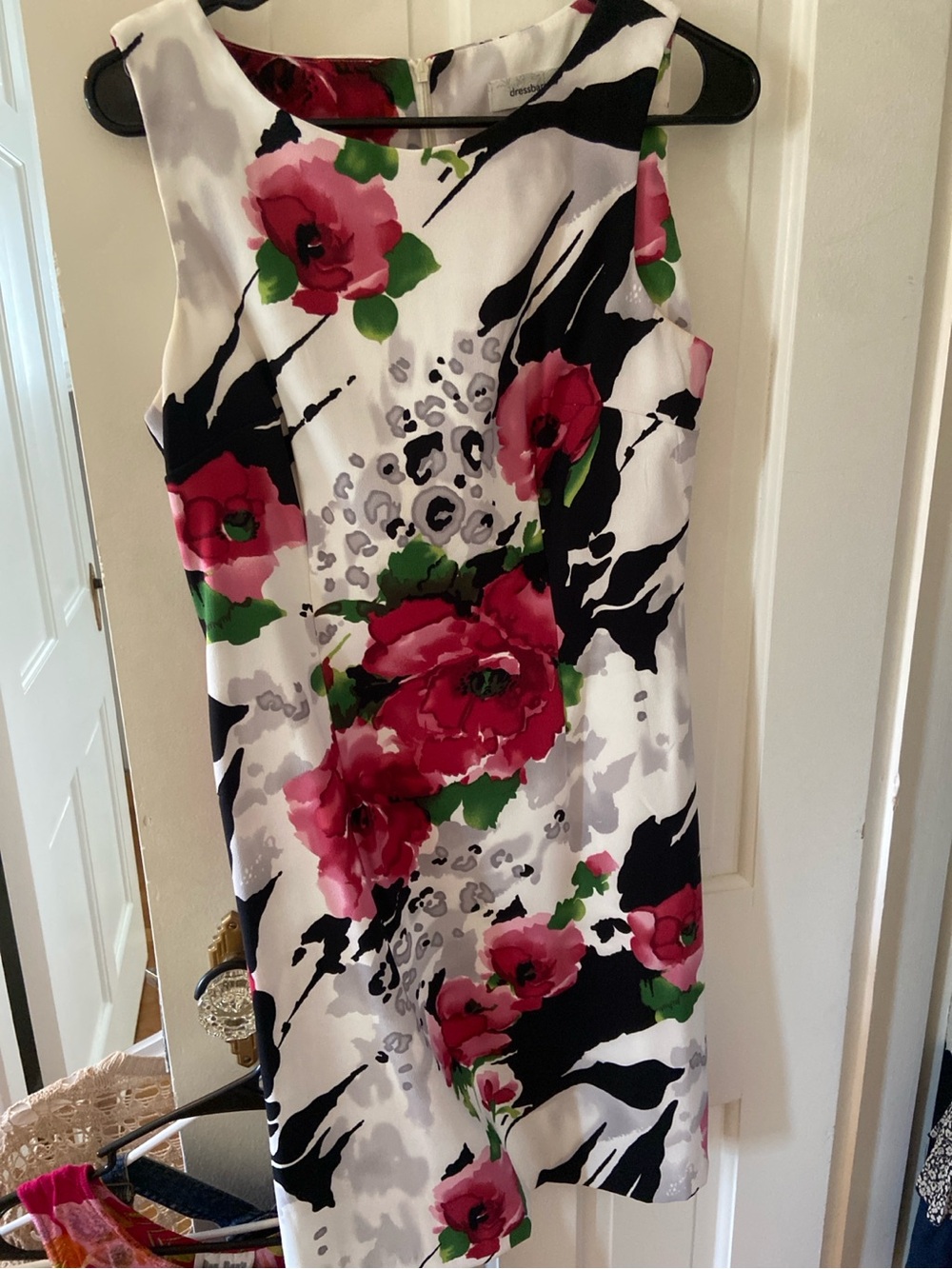 Dress Barn White Floral Midi Dress with Pink Roses